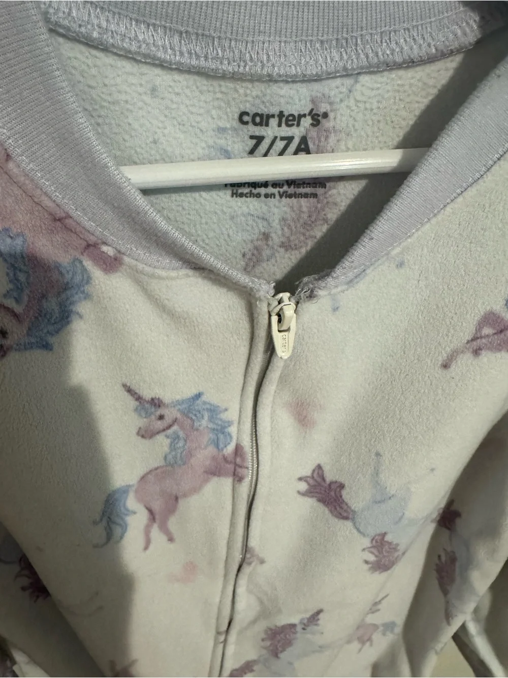 Size 7 Carter's Fleece Cream One-Piece Pajama with Purple and Blue Unicorns